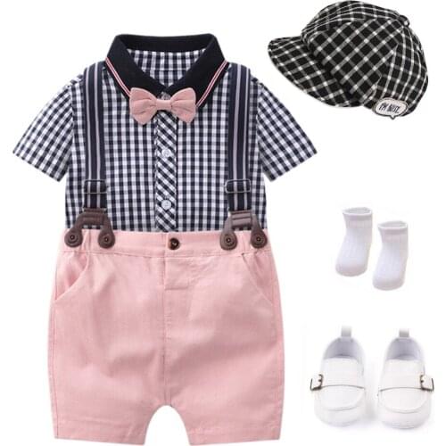 Summer Boys Clothes Plaid Hat Shoes Baby Outfit Set Pink Bow Tie Bib Suit Newborn 5 Pieces Party Birthday Sets Gentleman Suit