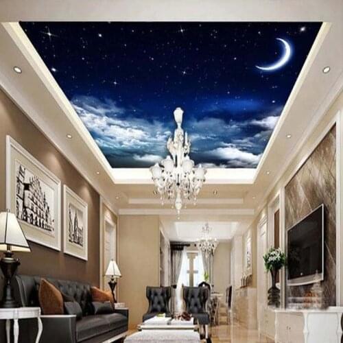 Custom 3D Ceiling Mural Wallpaper Landscape Night Sky Stars And Moon Hotel Restaurant Setting Room Ceiling Wall Decor Wall Paper
