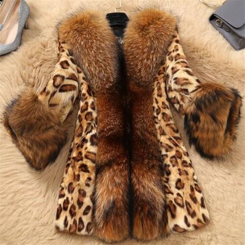 New Fashion Winter Coat Women Coat Imitation Fur Coat Imitation Fur Collar Classic Leopard Mid-length Coat Large Size S-6XL