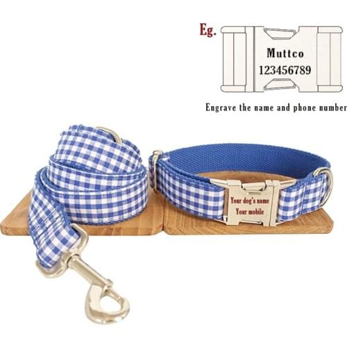 Personalized Handmade Blue Plaid Dog Collar Leash Set Nylon Pet Collars And Leashes Set For Small Medium Large Dogs Pitbull