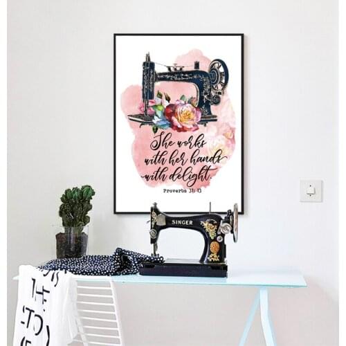 Vintage Sewing Machine Proverbs 31:13 Quotes Posters and Prints Watercolor Flowers Canvas Painting Mom Gifts Home Wall Art Decor
