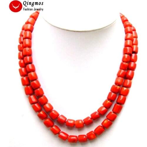 Qingmos 10-15mm Thick Slice Natural Red Coral Necklace for Women with Genuine Coral 2 Strands Necklace Chokers 18-19" Jewelry
