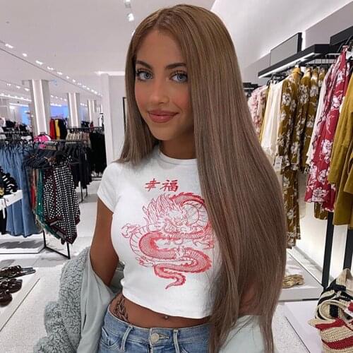 Spring Summer Womens Blouse Print Dragon T-shirts y2k Sexy Show Your Navel Crop Top Short Sleeve O-Neck Slim Tees Female