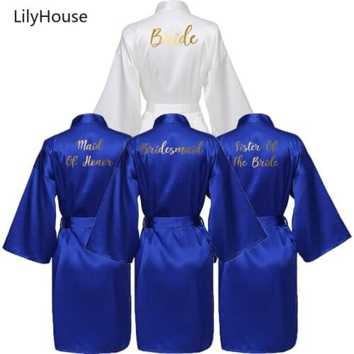 Silk Satin Robes Bridesmaid Bride Robes Bridesmaid Robes Wedding Long Robe Bridal Robe Bathrobe Gold Print Royal Blue Robe
