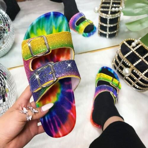 Summer Slippers Women Rhinestone Wedges Platform Slides Heel Fashion Gladiador Buckle Sandals Plus Size 41 Slipper Female 2021