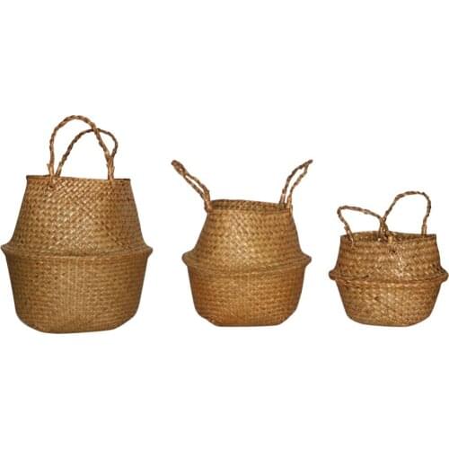 Foldable Natural Seagrass Storage Basket Garden Flower Vase Hanging Basket With Handle Storage Bellied Basket 1 Pcs