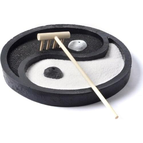 T21D Yin Yang Tai Chi Bagua Diagram Mini Zen Garden Sand Tray Black and White Round Micro Landscape for Home Office Desk Home