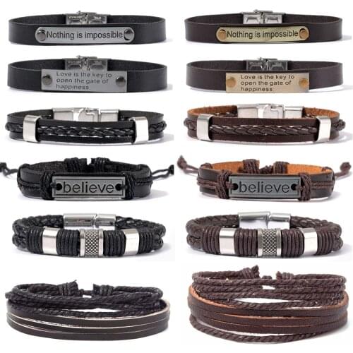 Unique Simple Retro Leather Bracelet Men Brown Black Vintage Braided Bracelets Male Jewelry Party Gift Stainless Steel Bangles