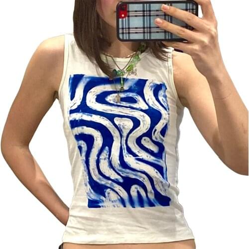 Y2K 2021 Ladies Summer Sexy Sleeveless Camisole Girls Irregular Stripe Printing Color Matching Round Collar Tops Slim Base Shirt