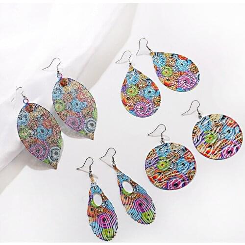2020 Bohemia Fashion Big Leaf Alloy Earings For Women Brincos Vintage Painting Statement Corful Round Party Gifts