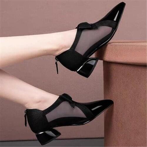 2021 New Mesh Breathable Womens Bow Pumps Pointed Toe Square Heel Back Zip Banquet Party Wedding Shoes Zapatillas Mujer Black