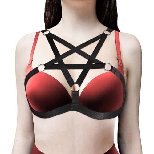 Women Harajuku Pentagram Harness Bra Sexy Open Chest Cage Bra Gothic Body Bondage Harness Belt Straps Erotic Lingerie Nightclub