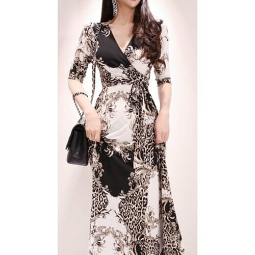 2019 Summer New Arrival Elegant V Collar Three-quarter Sleeve Flower Printed Woman Long Jag Dress