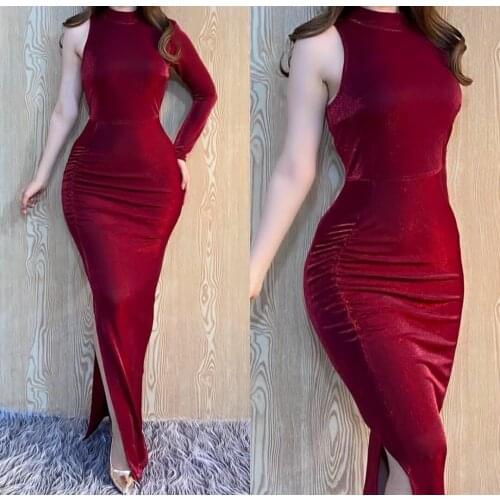 Elegant Mermaid Burgundy One Shoulder Evening Dresses Long Zipper Back Velbet Slit Abendkleider Robes de Soirée for Women