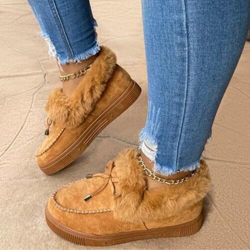 Winter Women Boots 2020 Cute Bowknot Fur Slip-on Cotton Shoes Plush Loafers Winter Warm Short Snow Boots Female Furry Flat Shoes