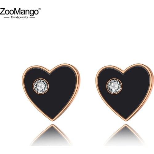 ZooMango Titanium Stainless Steel Black Acrylic Heart Wedding Earrings For Women Trendy CZ Crystal Stud Earrings Jewelry ZE19252