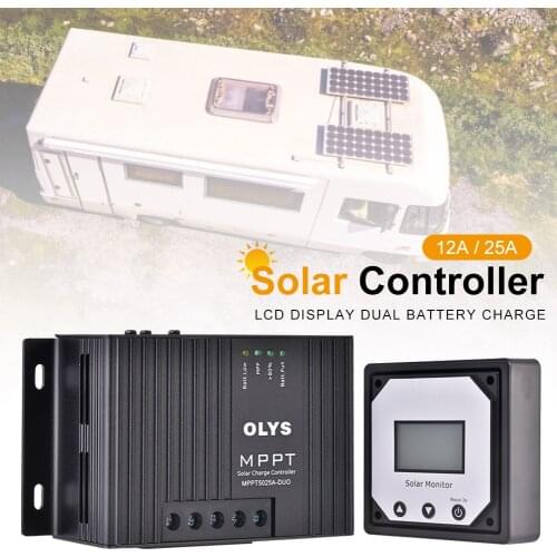 12A 25A MPPT Solar Charge Controller 12V 24V Solar Panel Charge Regulator with LCD Display Dual Battery Charge For RV