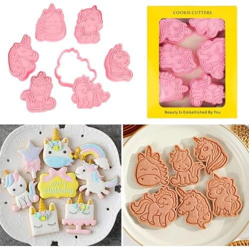 6Pcs/set 3D Unicorn Cookie Cutters Cartoon Plastic Fondant Biscuit Mould ABS Plastic Baking Mould Cookie Decorating Tools