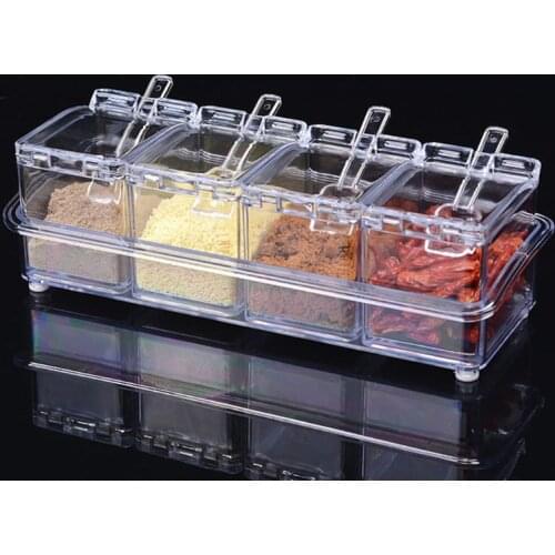 4 in 1 Clear Condiment Jar Seasoning Rack Spice Pots Box Storage Container Kitchen Tool with Cover and Spoon X4YD