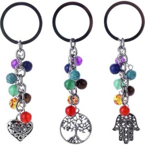 7 Chakra Healing Crystal Stone Beads Key Rings Heart Tree Owl Charms Craft Bag Keychains Charms Car Key Ring Jewelry