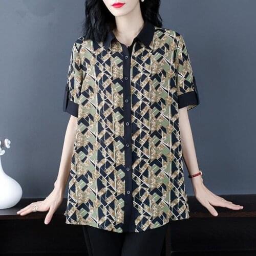 Large Size Women Summer Shirts Temperament Casual Elegant Blouses Print Polo-Neck Loose Blusas Fashion TopS MM0552