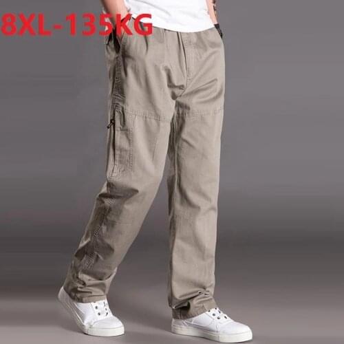 Size 8XL 135KG spring summer cargo pants Men safari style loose pants pockets zipper out door straight big pants