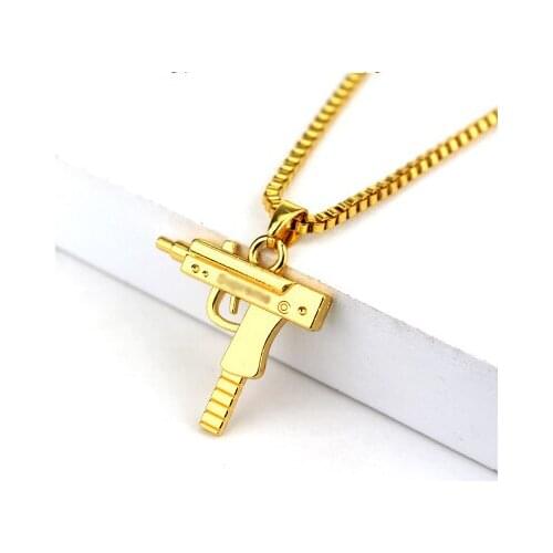 HipHop Glizzy Gang Gun Pendant Pistol Necklace Charm Golden Submachine Gun Pendant Fashion Jewelry For Mens Cool Gift