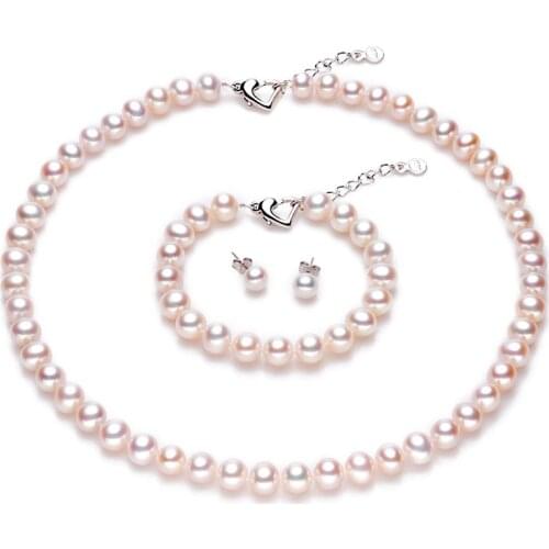 Beautiful Pearl Set Bridal Girls Jewelry Sets 8-9mm Near Round Natural Freshwater Pearl Necklace Set For Women Wedding Gift