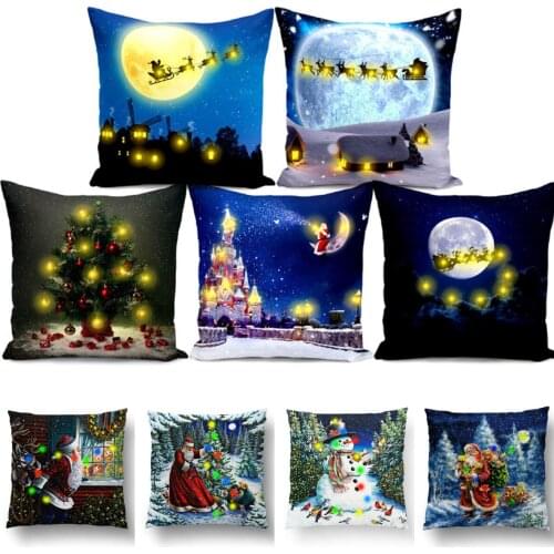 Creative LED Lights Christmas Blue Cushion Cover Fairy Lights Short Plush Pillow Covers Christmas Decor Gifts Throw Pillows Case