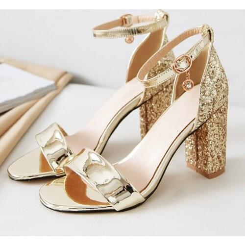 Summer Sandals Women Fashion Block High Heels Sandals Sequined Sexy Party Wedding Shoes Silver Gold Large size 44 45 46 47 48