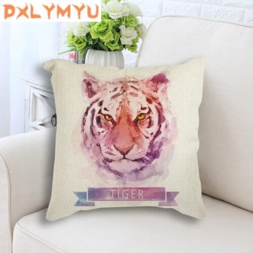 Tiger Wolf Linen Cushion Cute Pillow Sofa Waist Throw Cushion Watercolor Animal Decorative Cushion for Sofa Home Car Decor