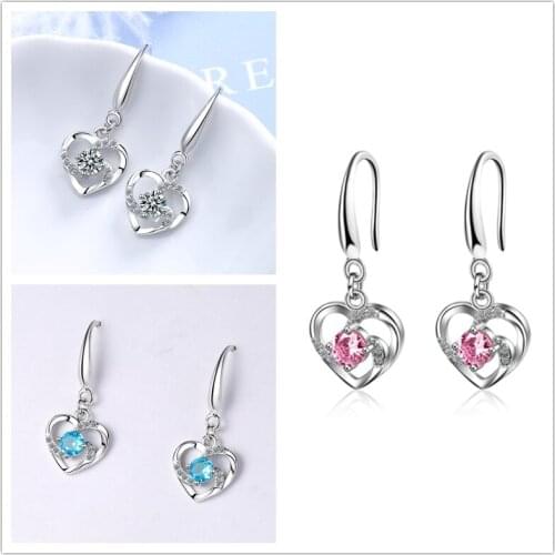 New Arrival Crystal Pink Heart Drop Earrings Girl Bride Wedding Accessories Silver Plated Earring Female Jewelry Bright Stones