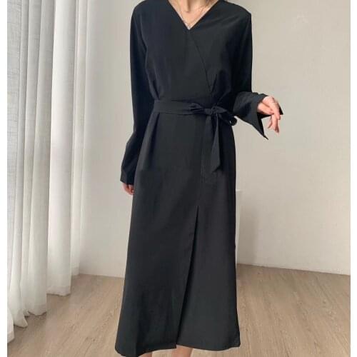 Black chiffon shirt dresss women long sleeve midi dress korean fashion drawstring waist vestidos