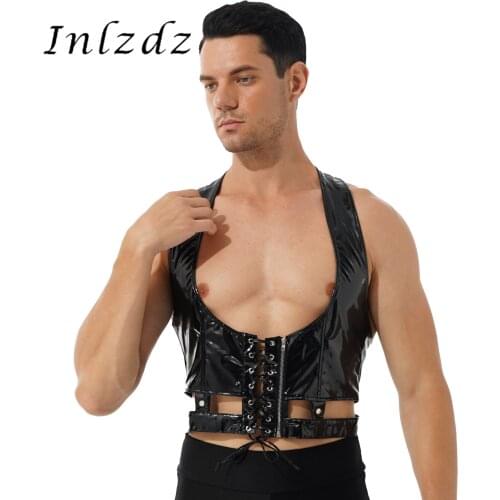 Harness Mens Lingerie Sexy Gothic Patent Leather Vest Steampunk Lace-Up Front Harness Belt Adjustable Buckle Back Tops Clubwear