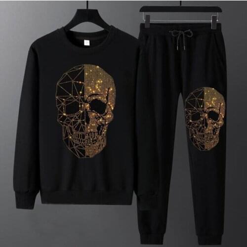 Skull Pattern Diamond stone Clothing Man Tracksuits Sportswear For Male Sweatshirts Hoodie Pants Jogging Suit Hip Hop