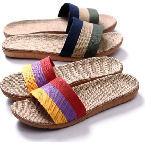 Summer Flax Slippers Women Men Casual Linen Slides Multi-Style Non-Slip EVA Home Flip Flops Indoor Shoes Female Sandals