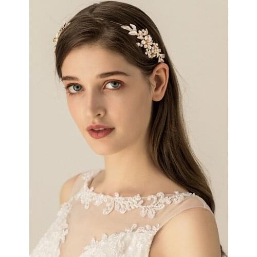 SLBRIDAL Golden Alloy Handmade Wired Rhinestone Crystal Freshwater Pearls Wedding Headband Bridal Hair Accessories Women Jewelry