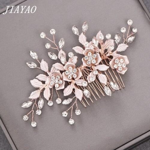 Rose Gold Flower Hair Comb Hair Accessories For Women Rhinestone Elegant Wedding Hair Combs Bridal Head Jewelry Flower