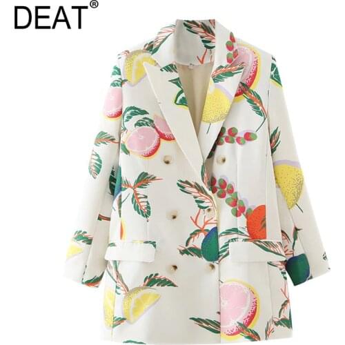 [DEAT] Women Printed Hit Color Pocket Blazer New Lapel Long Sleeve Loose Fit Jacket Fashion Tide Autumn Winter 2021 13U148