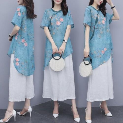 2021 Chinese Style Improved Cheongsam Irregular Top Elastic High Waist Wide Leg Pants Women Vintage Cotton and Linen 2 Piece Set