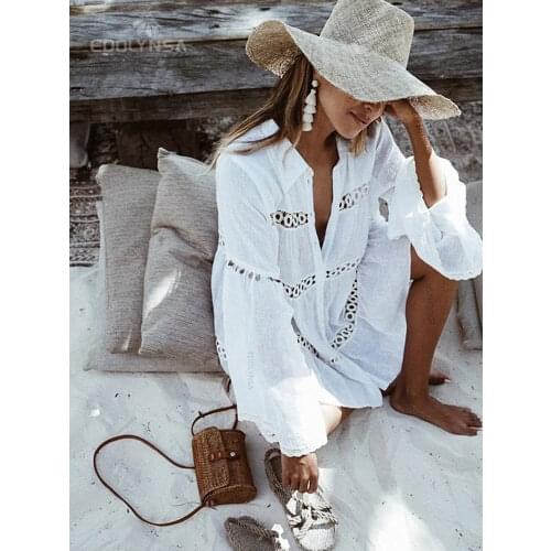 Women Swimsuit Cover Ups Mandarin Sleeve Kaftan Beach Tunic Dress Robe De Plage Solid White Pareo Beach Cover-ups #Q429