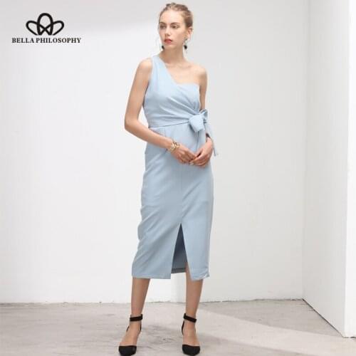 Bella Philosophy summer one off shoulder tie waist slim body con party women dress pencil dress office lady midi dress