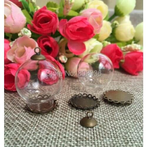 20sets/lot 20*12mm Glass Globle Cover Vial Dome & Base Blank &Connector Cap&Necklace Bronze Set DIY Glass Bottle/Vials Pendant