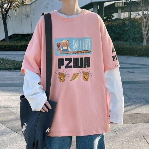 2021 Autumn Spring Fashion Print Oversized Fake Two Pieces Tshirt Mens Long Sleeve Casual O Neck T-Shirt For Harajuku TOP TEES
