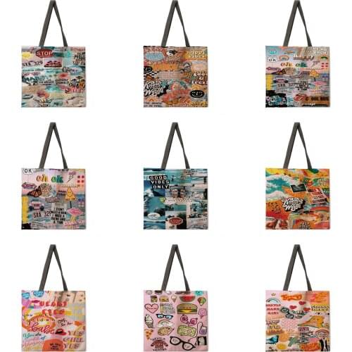 American popular element linen shopping bag reusable handbag womens shoulder cloth bag foldable linen bag beach tote bag