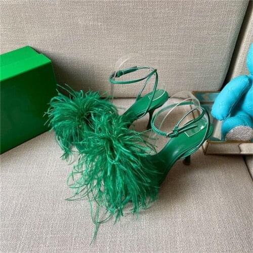 Summer Fashion Fur Sandals Women Runway Genuine Leather High Heels Shoes Lady Party Chic Ankle Strap Sandals Pumps Shoes