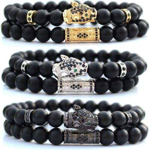 Pulseras hombre natural black stone beads mens jewellery leopard bracelet 2pcs/set braclet for men jewelry bracciali bileklik