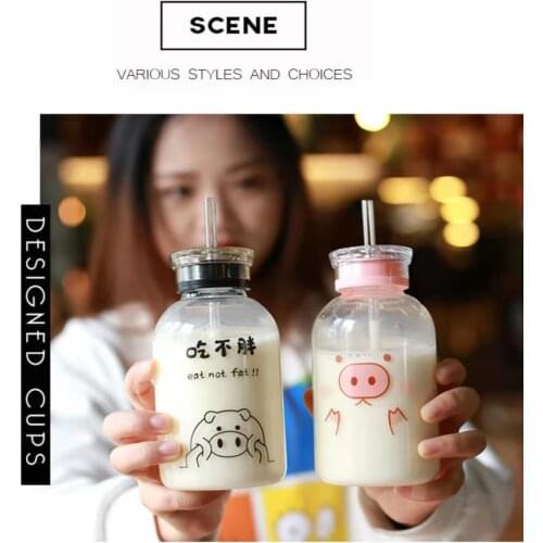 Water Bottle with Straw Glass Bottle Drinkware Cute Water Bottle Milk Cartoon Water Bottle Cute Water Bottle for Girl My Bottle