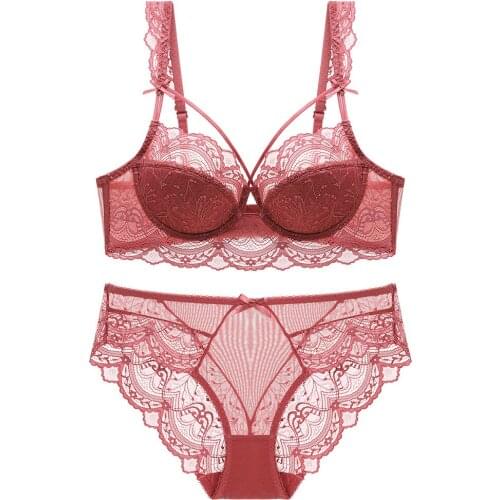 New Underwear Bra Set Gathered Up Bra Panties Thin Womens Summer Sexy Big Breasts Show Small Lace Bra Style Cup Shape Item Type