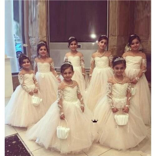 Flower Girl Dress Lace Tiered Tulle Long Sleeve Girls First Communion Dress for Ceremony Birthday Gown